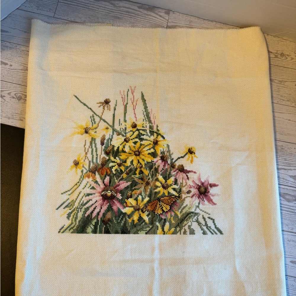 Floral Cross Stitch Panel with Yellow & Pink Flowers